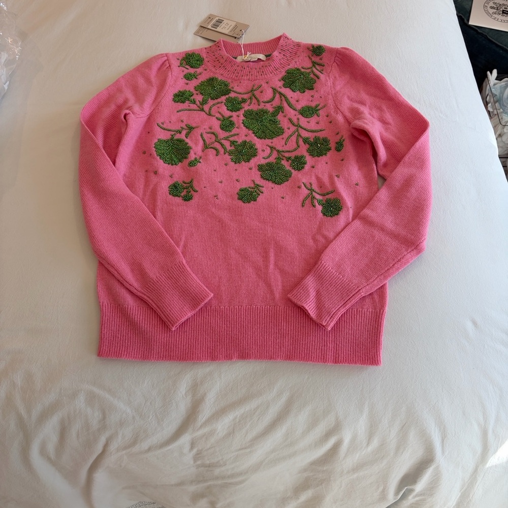 Boden NWT Rare Pink Sweater with Green Beading $154 orig. - Picture 2 of 5